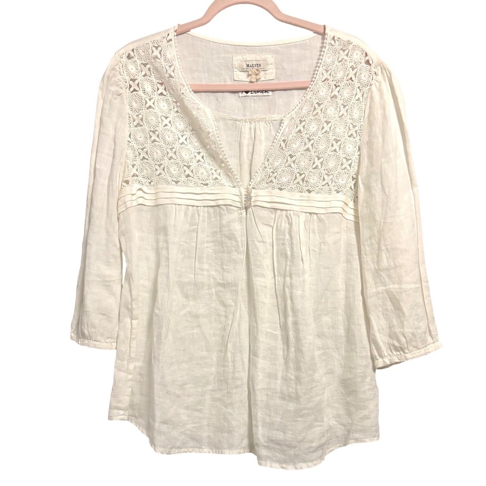 Malvin Hamburg White‎ 100% Linen Crochet Lace Blouse Mother of Pearl Buttons L